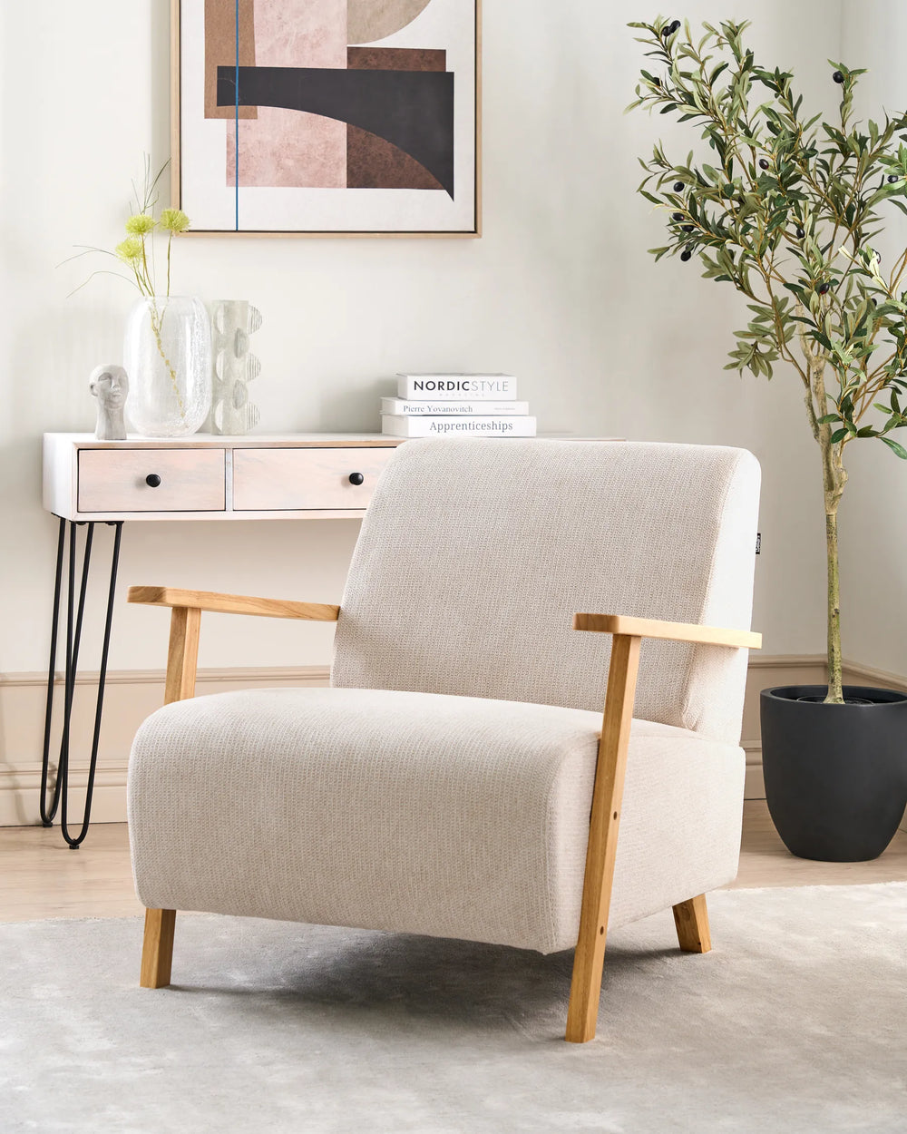 A light beige fabric upholstery that complements modern and traditional interiors alike.