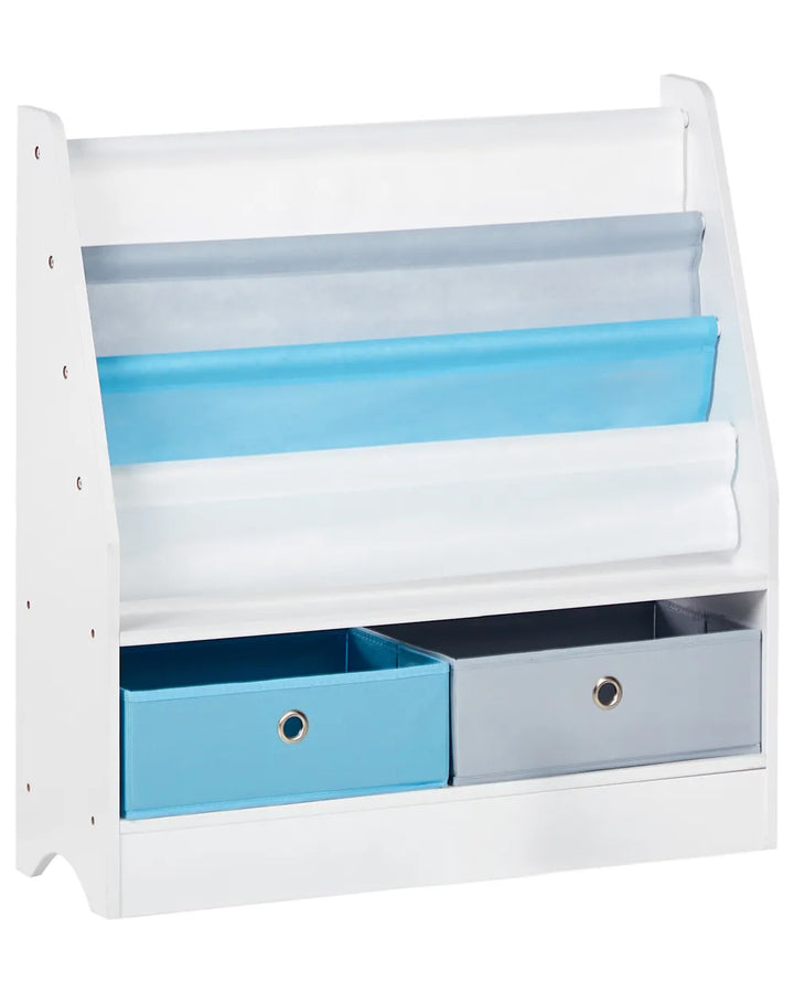 White bookshelf with blue and gray storage bins on a white background