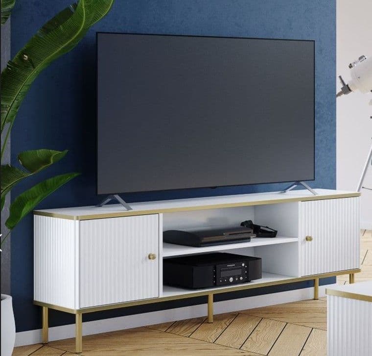 Modern white and gold entertainment unit for stylish living rooms