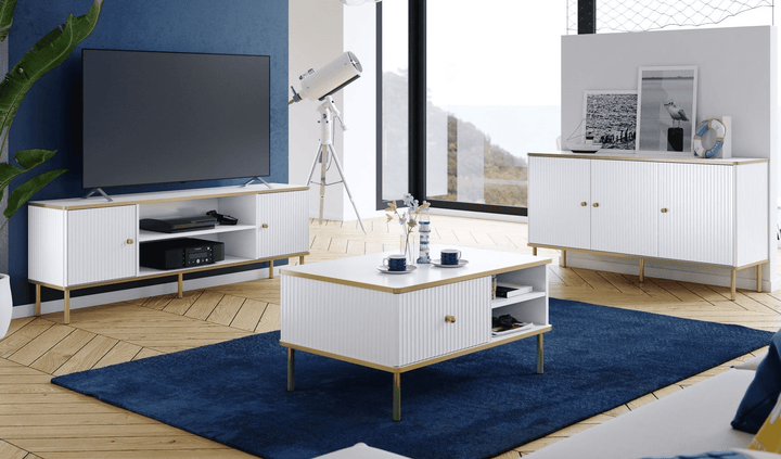 White and gold TV cabinet with 2 doors and 1 open shelf