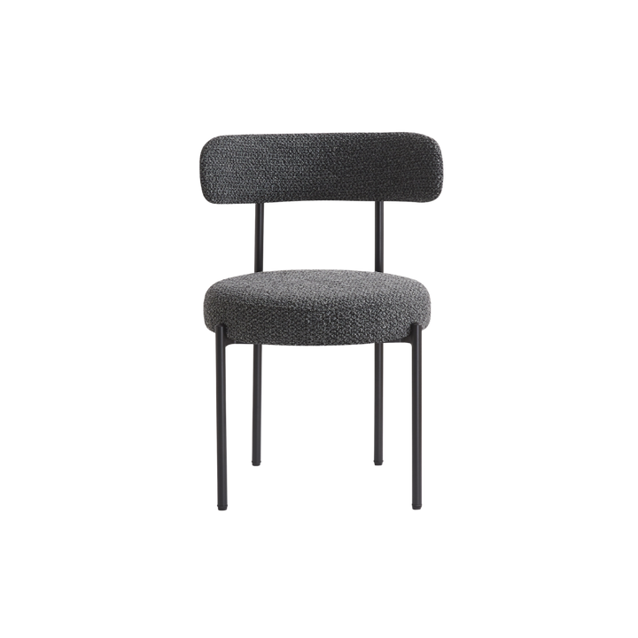 Gray upholstered chair with black metal legs on a white background