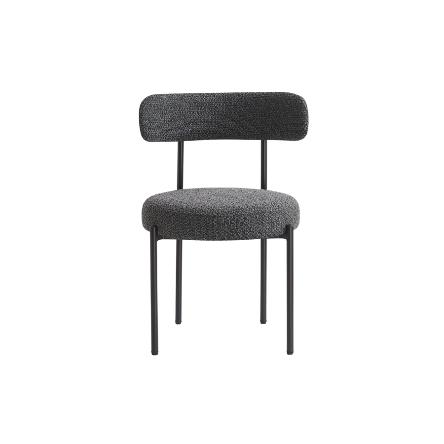 Gray upholstered chair with black metal legs on a white background