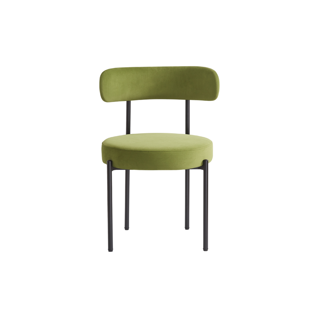 Green chair with black legs on a white background