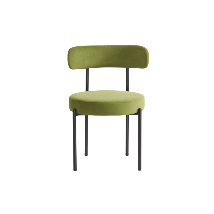 Green chair with black legs on a white background