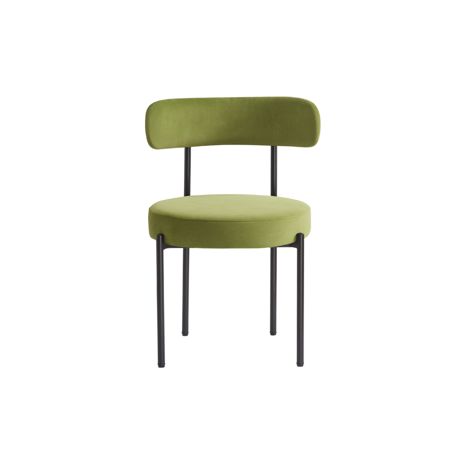 Green chair with black legs on a white background