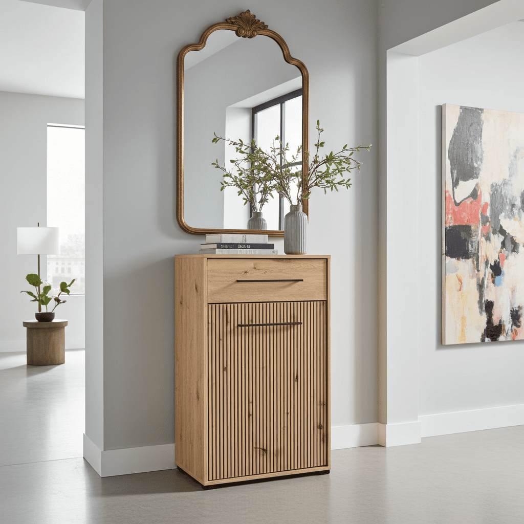 Wooden cabinet with decorative mirror and abstract painting in a modern interior setting
