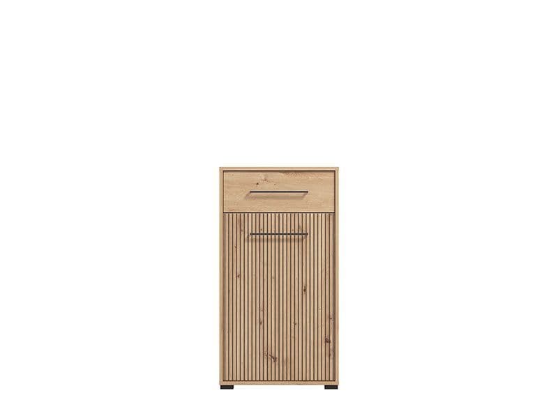 Wooden cabinet with a door and two drawers on a white background