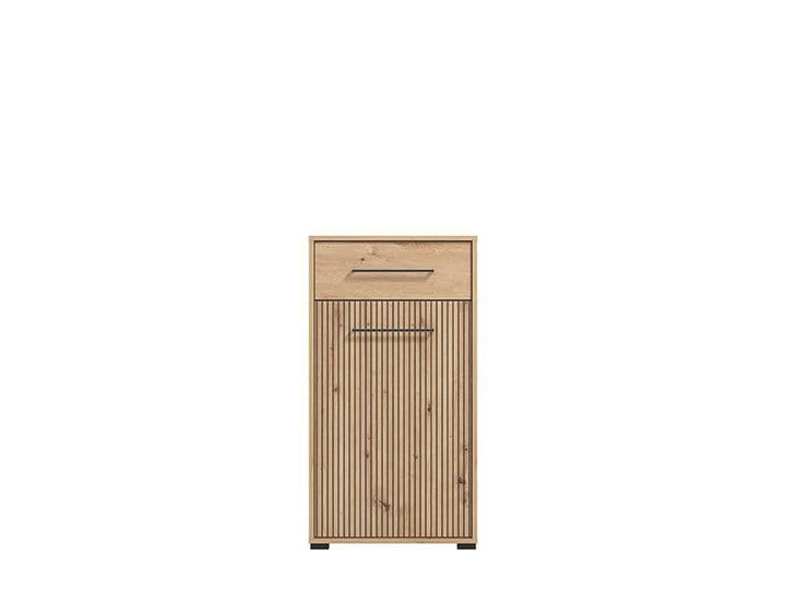 Wooden cabinet with a door and two drawers on a white background