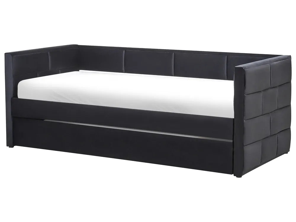 Black upholstered bed with white mattress on a white background