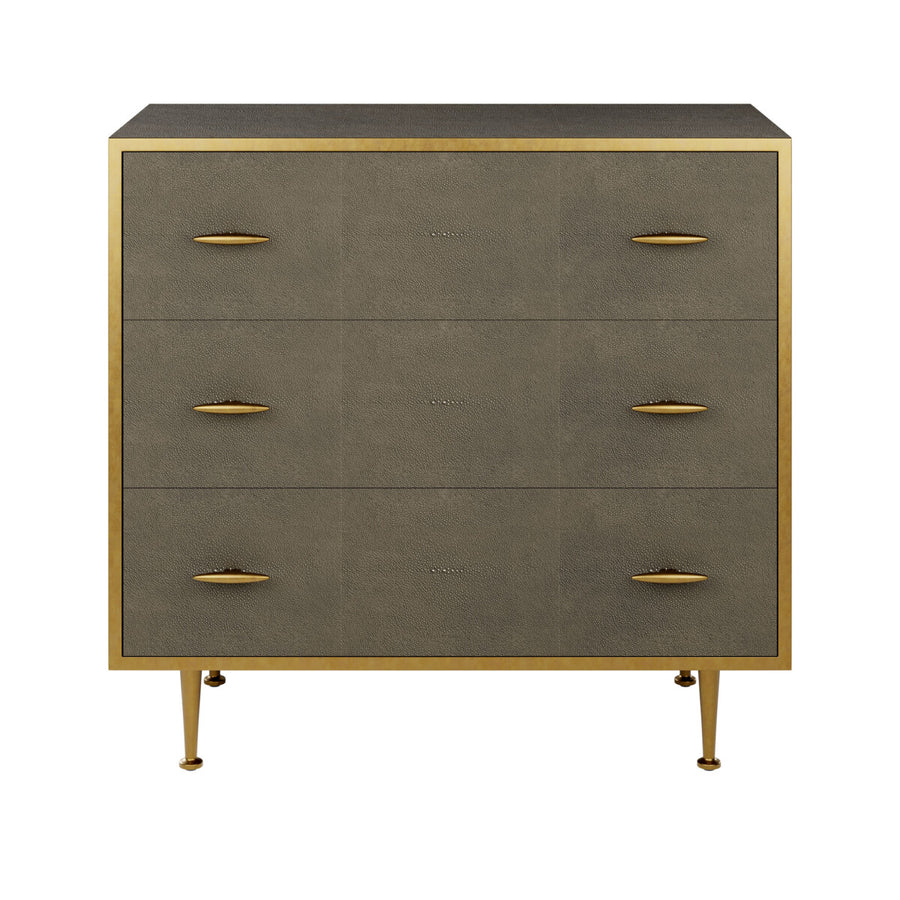 Gray dresser with gold accents on a white background