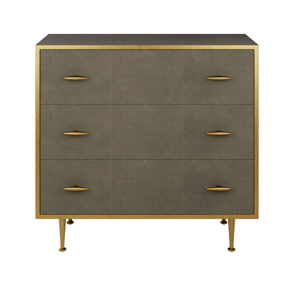 Gray dresser with gold accents on a white background