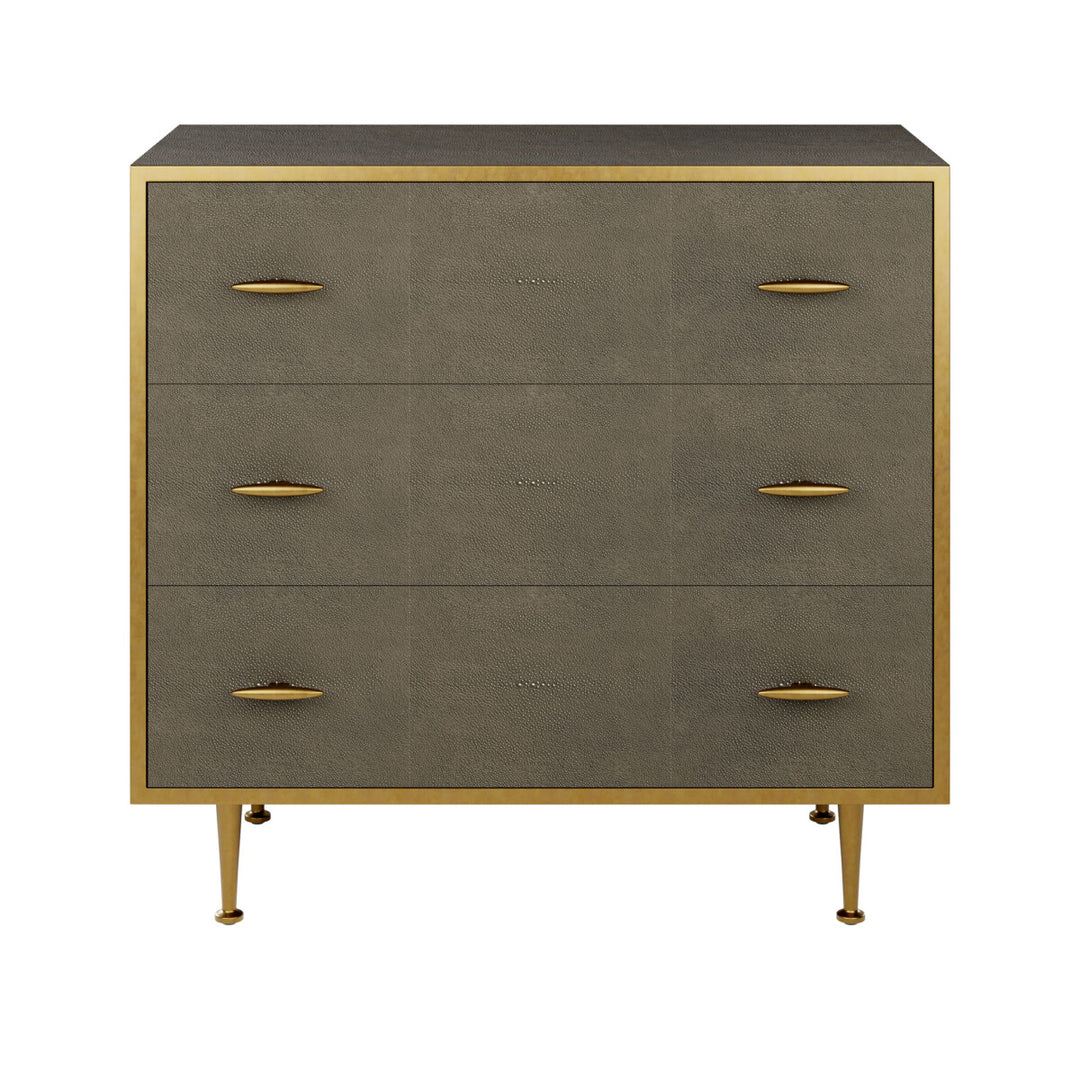 Gray dresser with gold accents on a white background