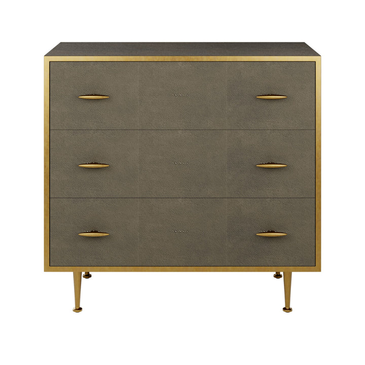Gray dresser with gold accents on a white background