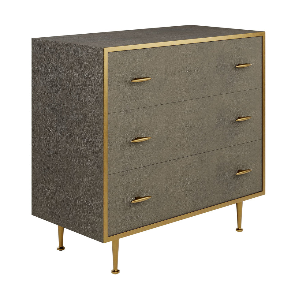 Gray dresser with gold accents on a white background