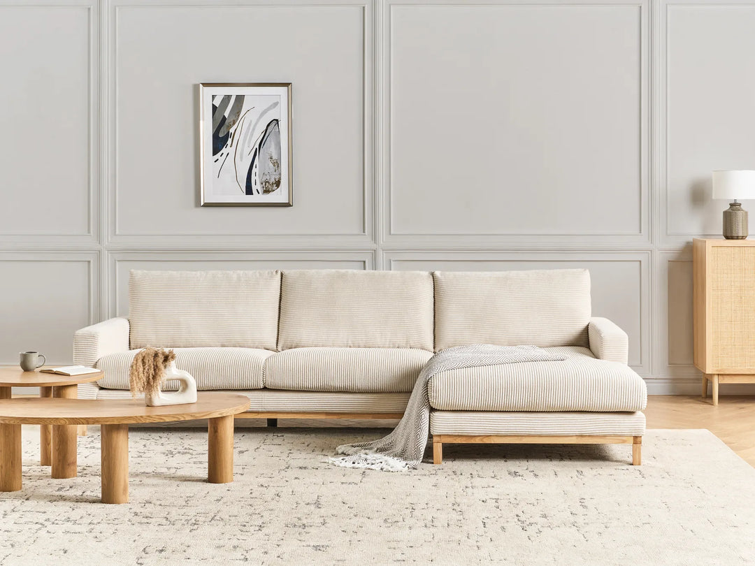 Light beige jumbo cord corner sofa, left‑hand layout