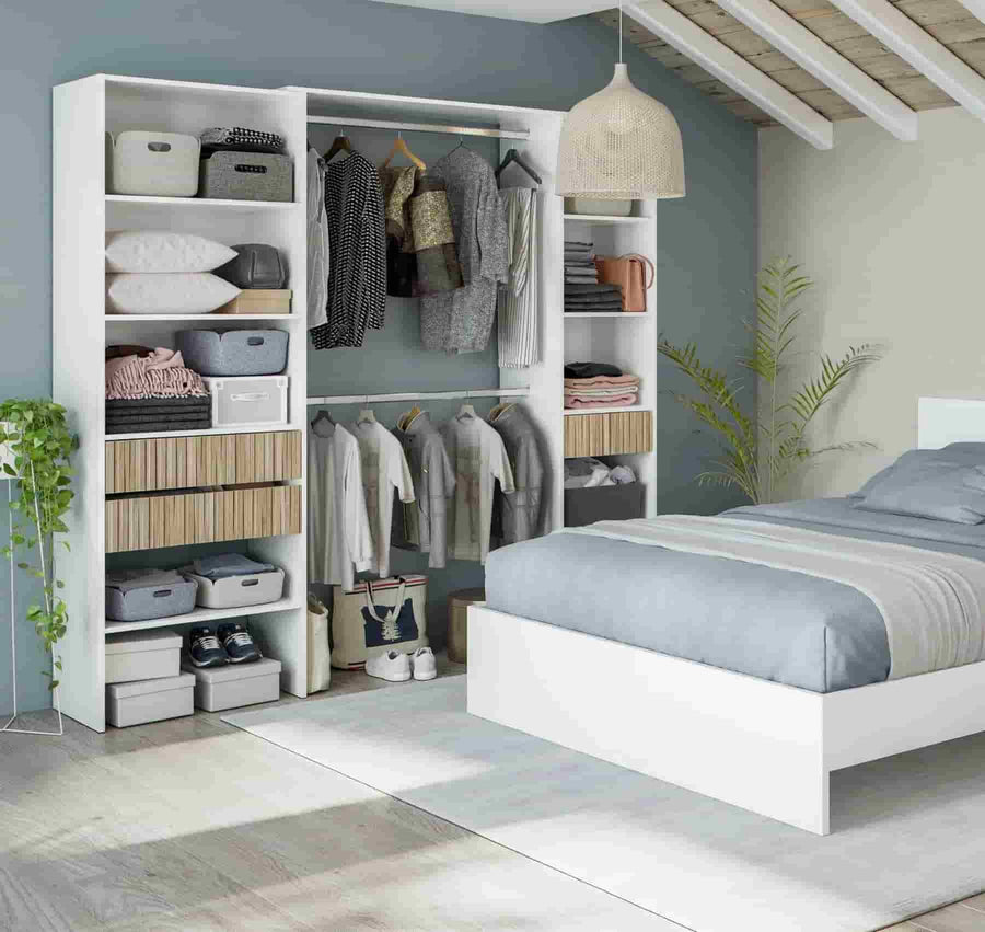 Modern bedroom with wardrobe, bed, and decor elements.