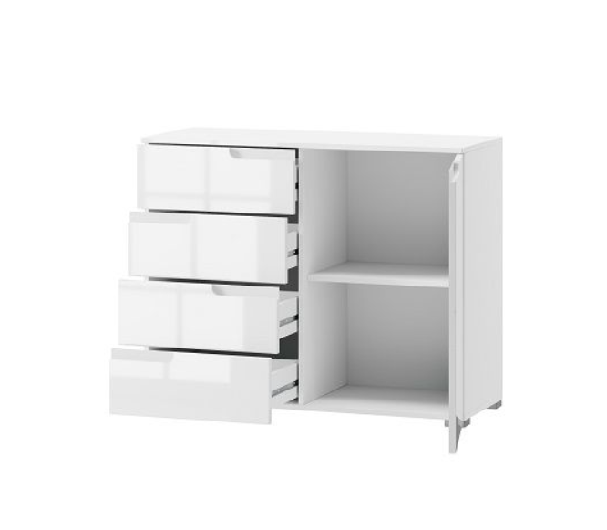 White storage cabinet with multiple drawers on a white background