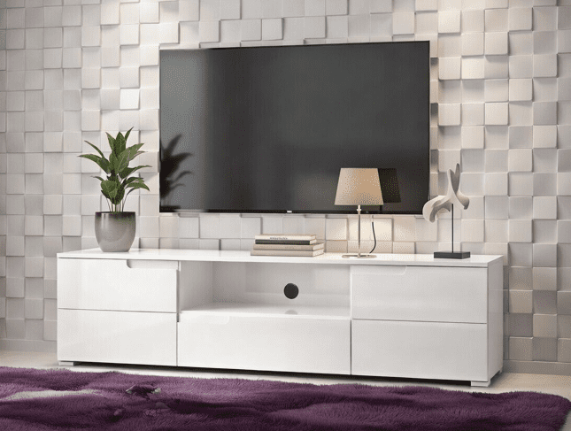Modern living room setup with a white TV stand