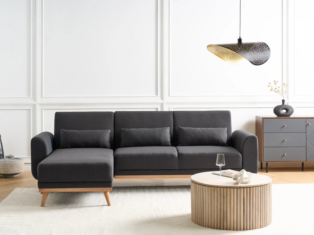 Corner Sofa Bed 3 Seater Fabric Black Right Hand Andress