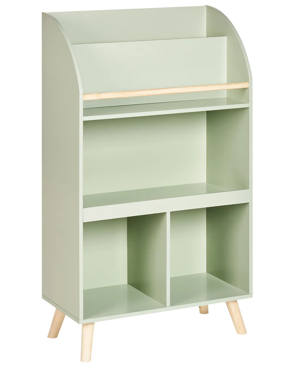 Light green bookshelf with wooden legs on a white background