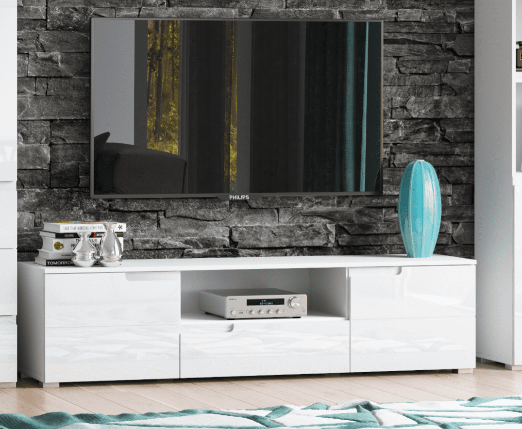 Modern living room with a white entertainment console