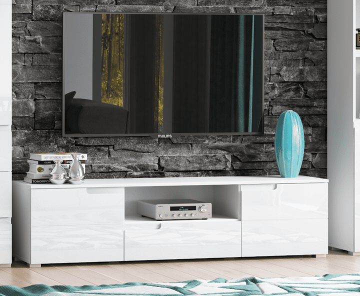 Modern living room with a white entertainment console