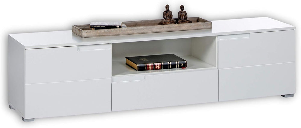White high-gloss entertainment console with wooden top