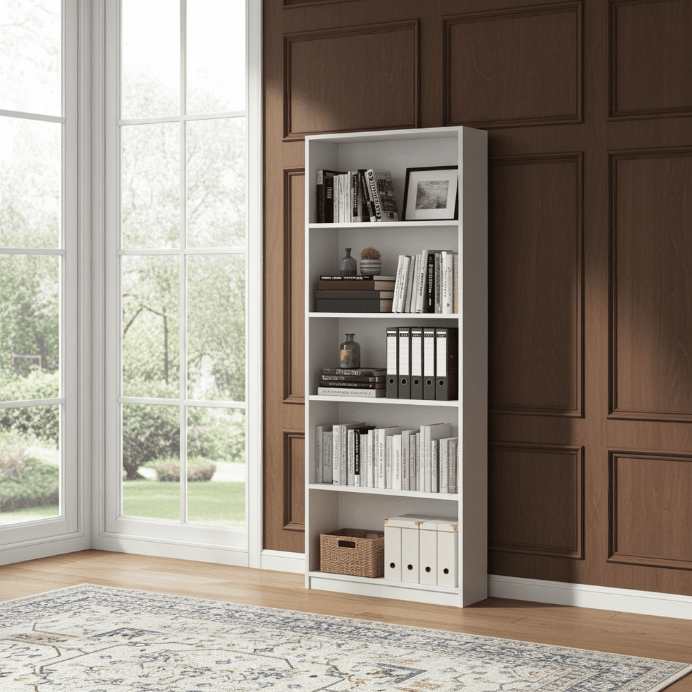 White bookshelf against a wooden paneled wall with large windows.