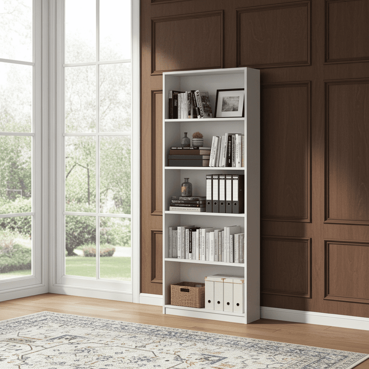 White bookshelf against a wooden paneled wall with large windows.