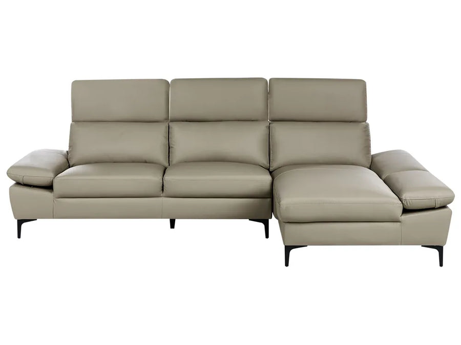 Taupe leather left‑hand corner sofa with adjustable armrests and chaise in a modern living room