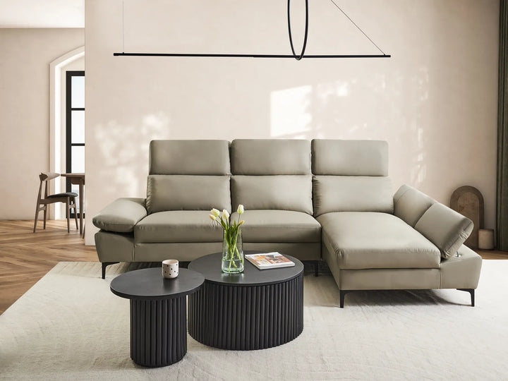 4‑seater taupe leather L‑shaped corner sofa with sleek upholstery and contemporary design