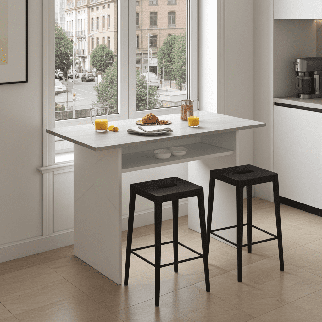 Modern kitchen with a white breakfast bar and black stools, cityscape visible through window.