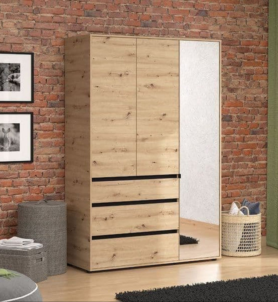 Artisan oak 3 door mirrored wardrobe with 3 drawers