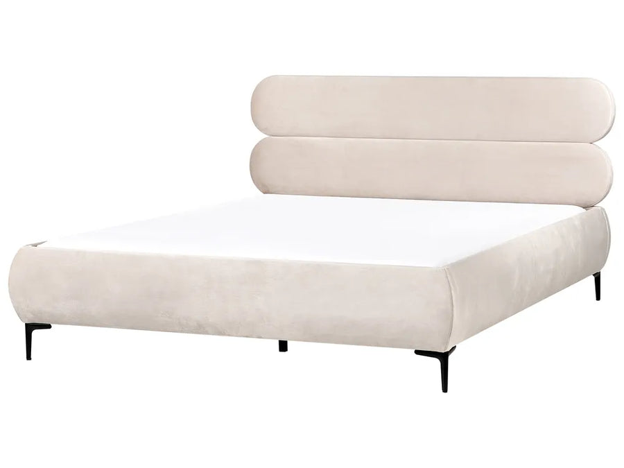 Beige upholstered bed with headboard on a white background
