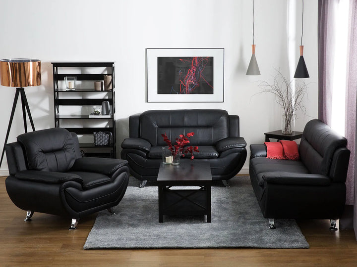 2 seater black leather sofa with wide armrests and modern design