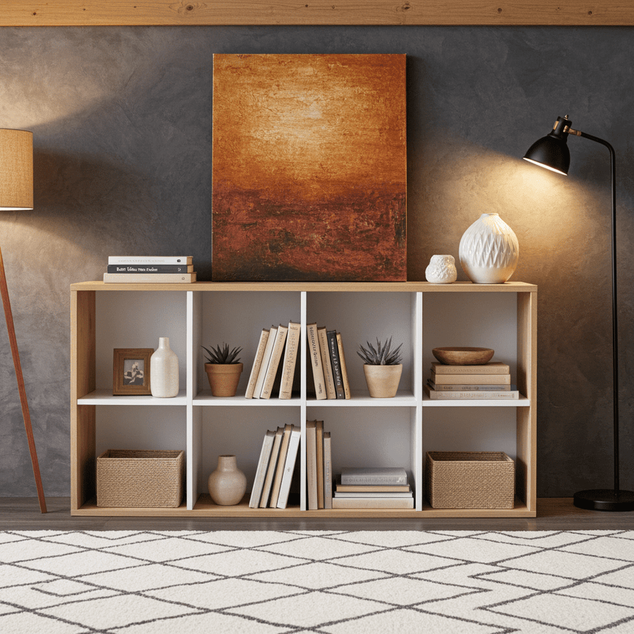 Wooden bookshelf with decorative items against a gray wall