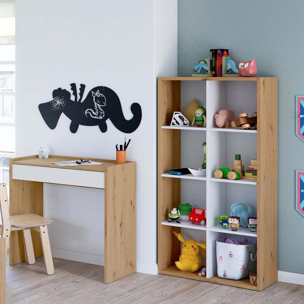 Children's room with wooden desk, bookshelf, and toys.