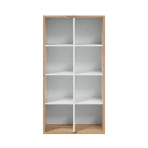 Bookshelf with wooden frame and glass panels on a white background