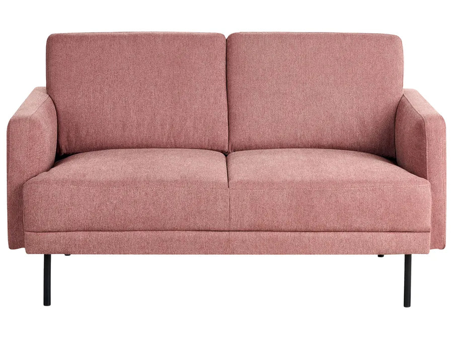 pink fabric 2 seater sofa with black metal legs