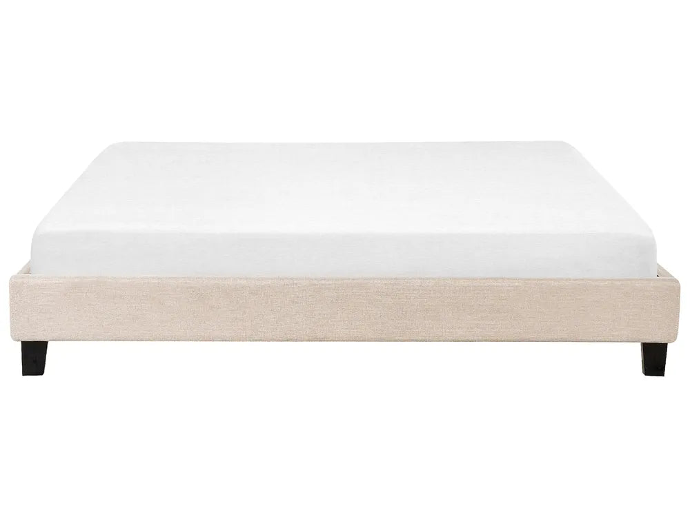 Low-profile fabric bed frame with wooden slats