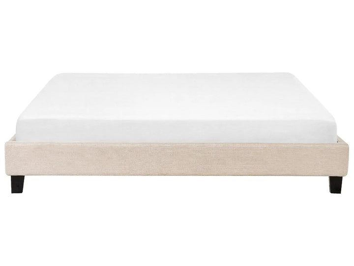 Low-profile fabric bed frame with wooden slats