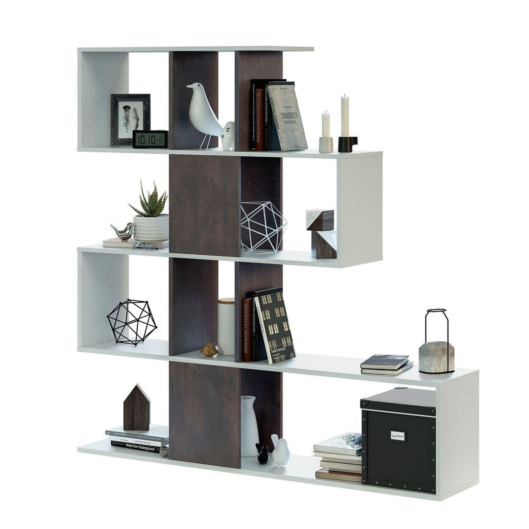 White and brown bookshelf with decorative items on a white background
