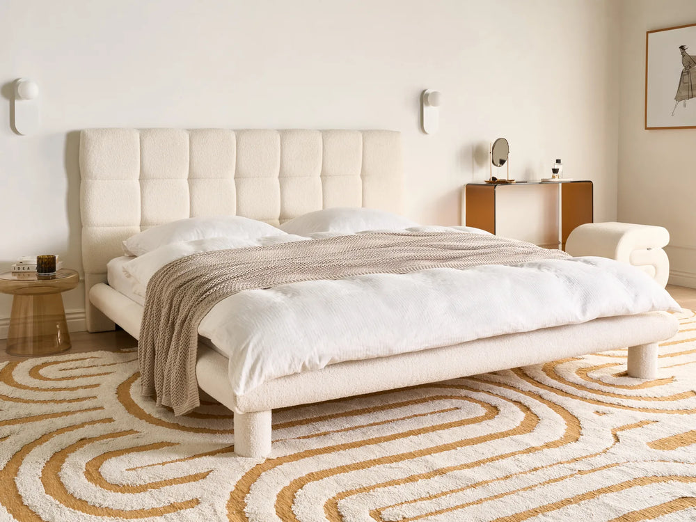 Bouclé upholstered bed with soft fabric off-white