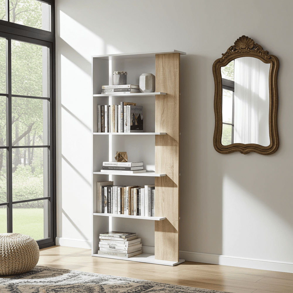White and oak effect bookcase with multiple shelves for storage
