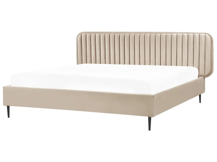 Beige bed with a headboard on a white background