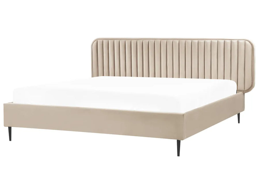 Beige bed with a headboard on a white background
