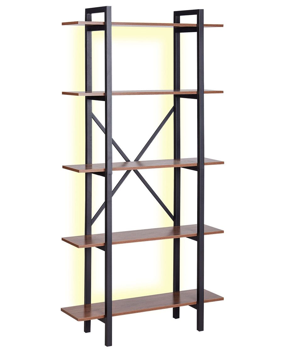 Bookshelf with wooden shelves and black metal frame on a white background