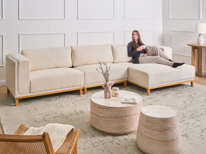 Corner Sofa 5 Seater Corduroy Light Beige Left Hand Josanna