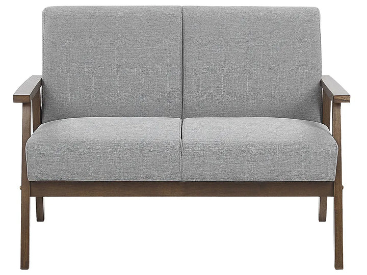 Gray fabric loveseat with wooden frame on a white background
