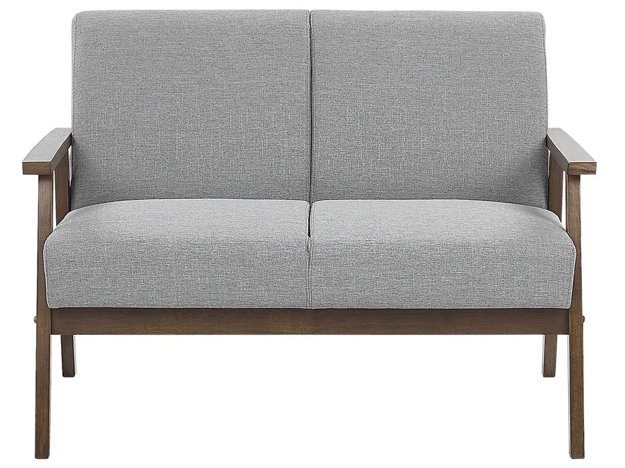 Gray fabric loveseat with wooden frame on a white background